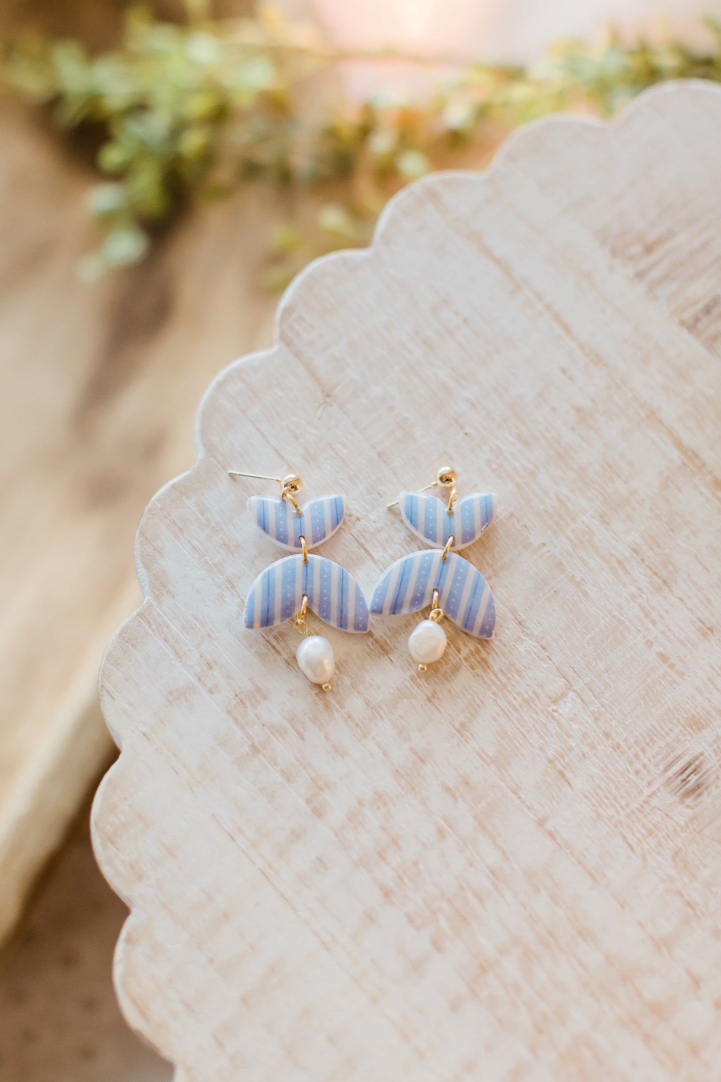 Blue Stripe & Pearl Dangle