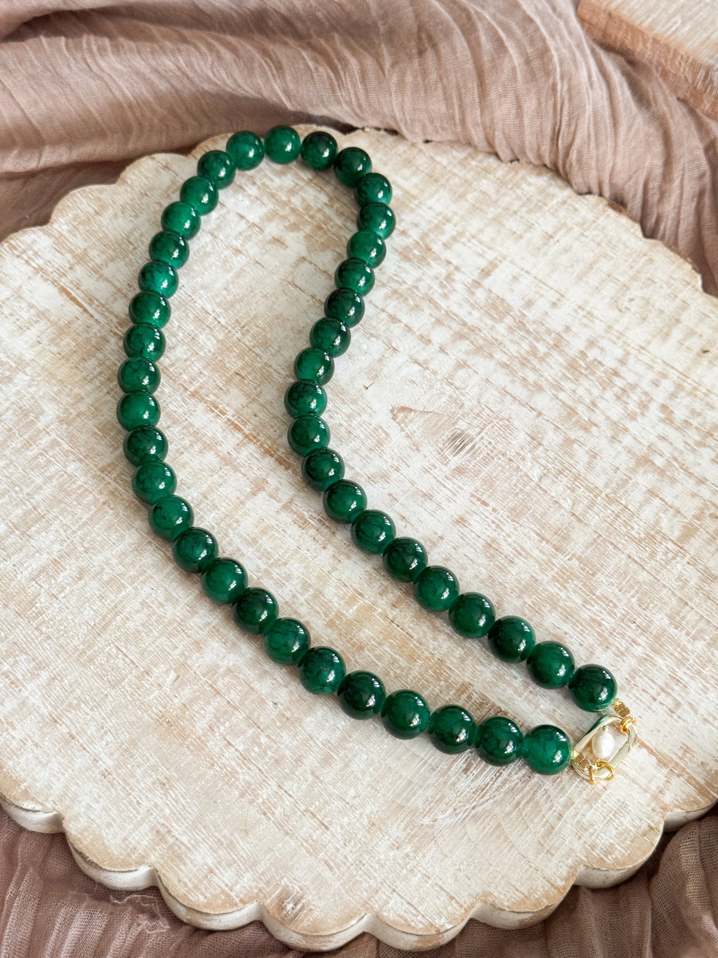 Deep Green Beaded Charm Necklace