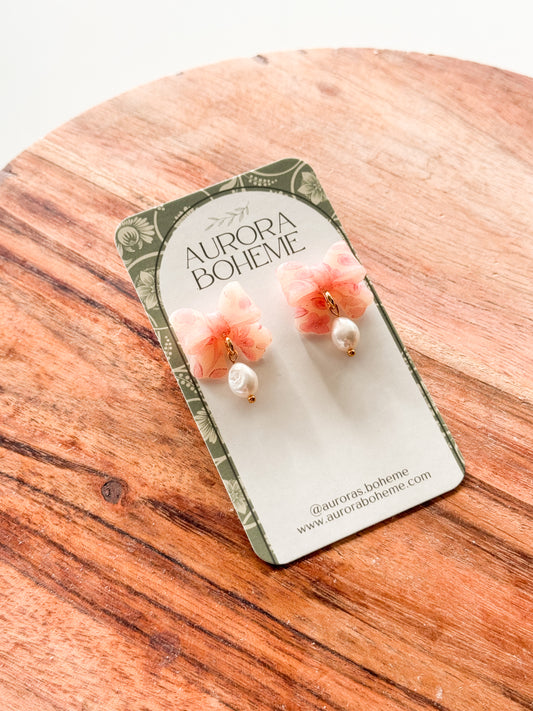 Pink Floral Bow Stud & Pearl